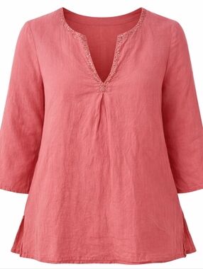 Eileen Fisher Women Small Boho Pink Irish Linen Beaded Tunic Top 3/4 Sleeve